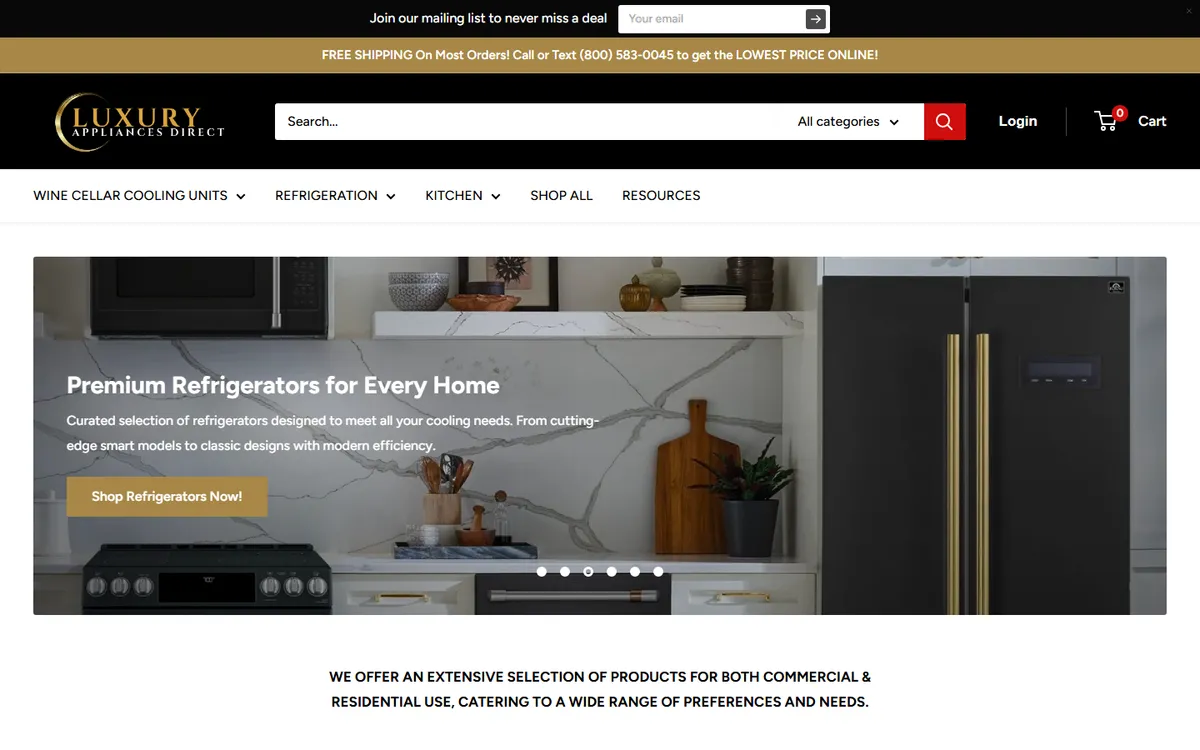 Homepage of Luxury Appliances Direct